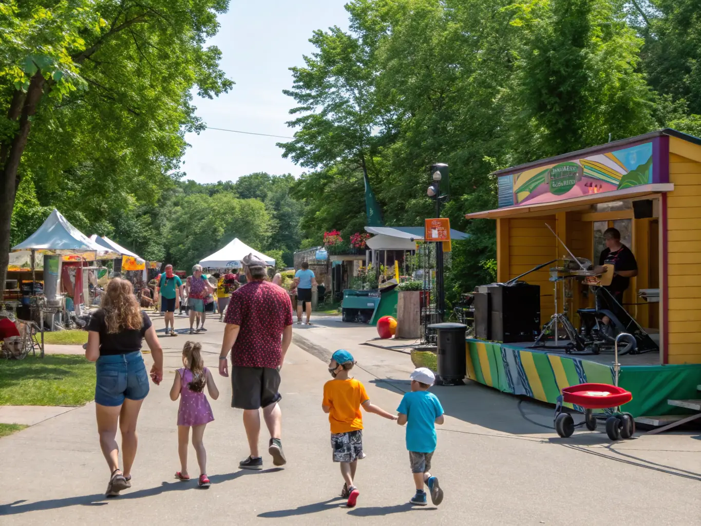 A festive outdoor event with families enjoying local music, traditional food stalls, and informational booths about the association’s projects, set in the village square.