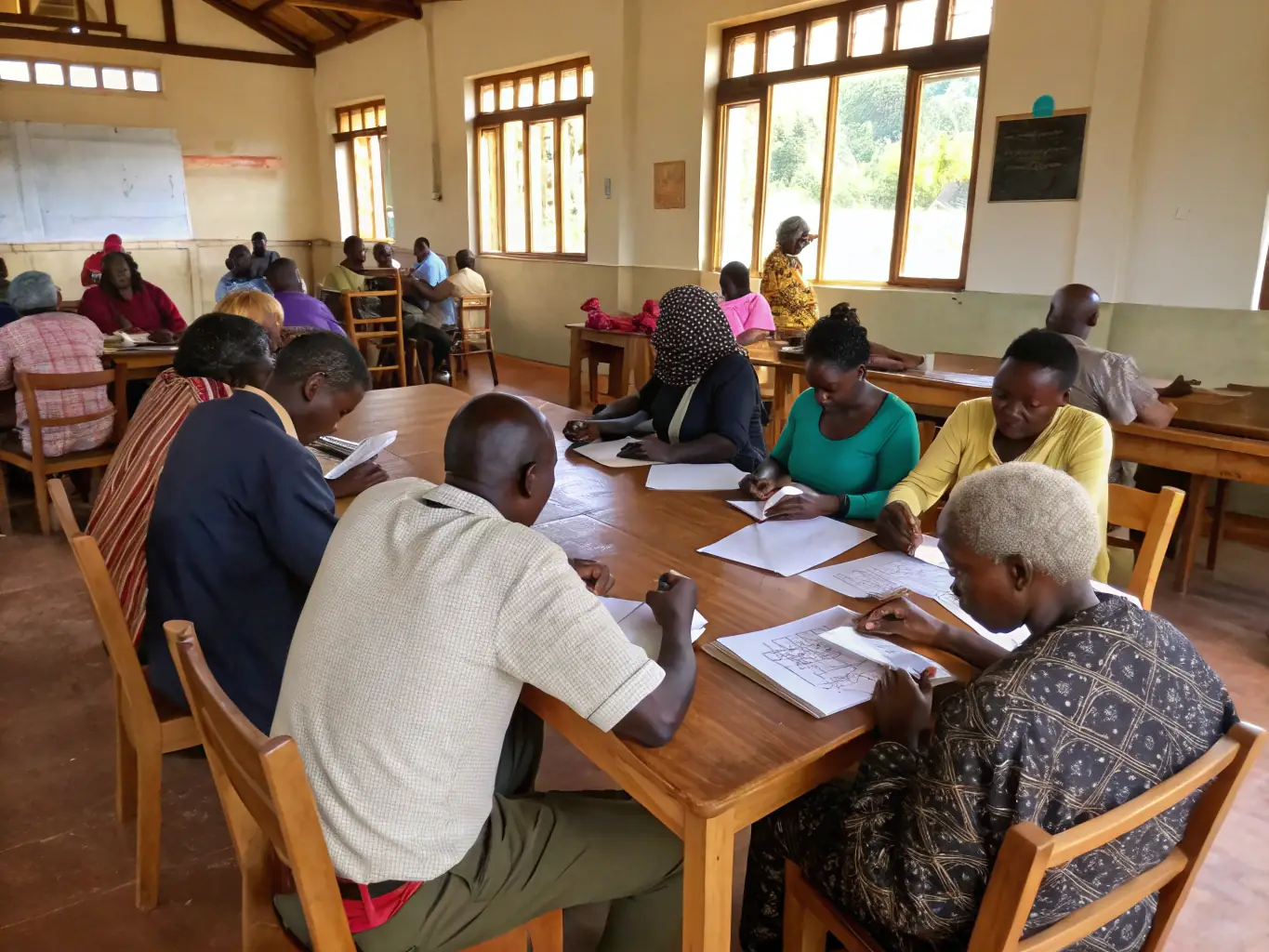 A lively scene of children and seniors gathered around a table, examining old photographs and artifacts during an educational heritage discovery day in a village hall.