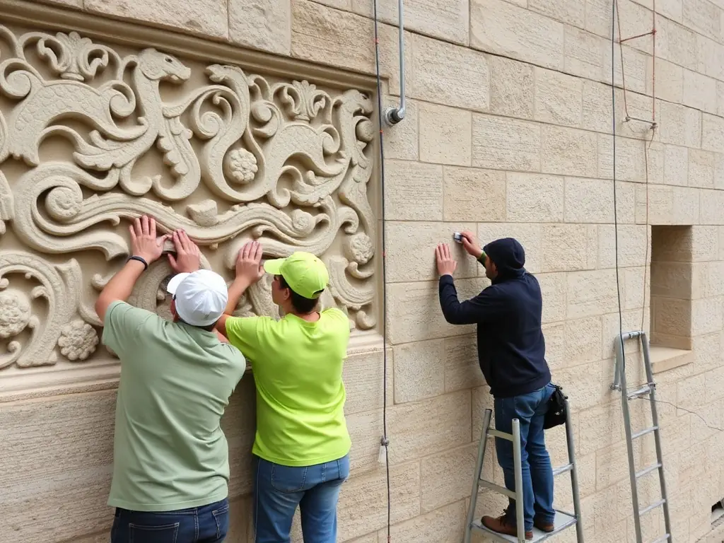 A vibrant photo of local volunteers restoring a historic stone church facade in Mery-ès-Bois, with scaffolding, tools, and smiling participants working together under a sunny sky.