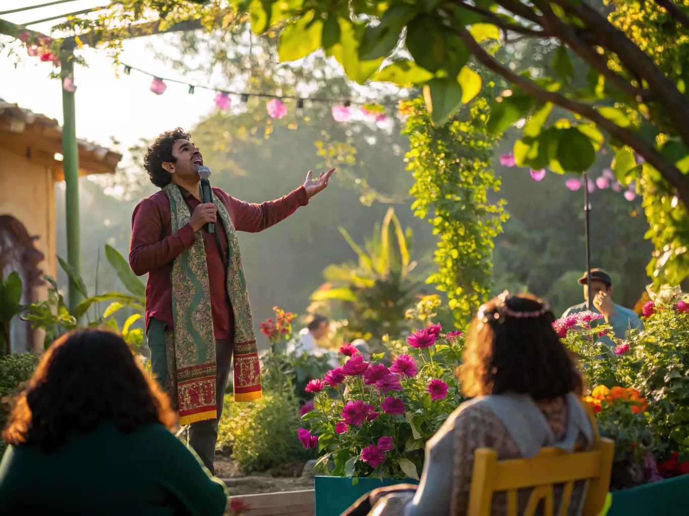 A lively image of a group of people attending an outdoor historical storytelling event, with a costumed narrator and attentive audience in a leafy village square.